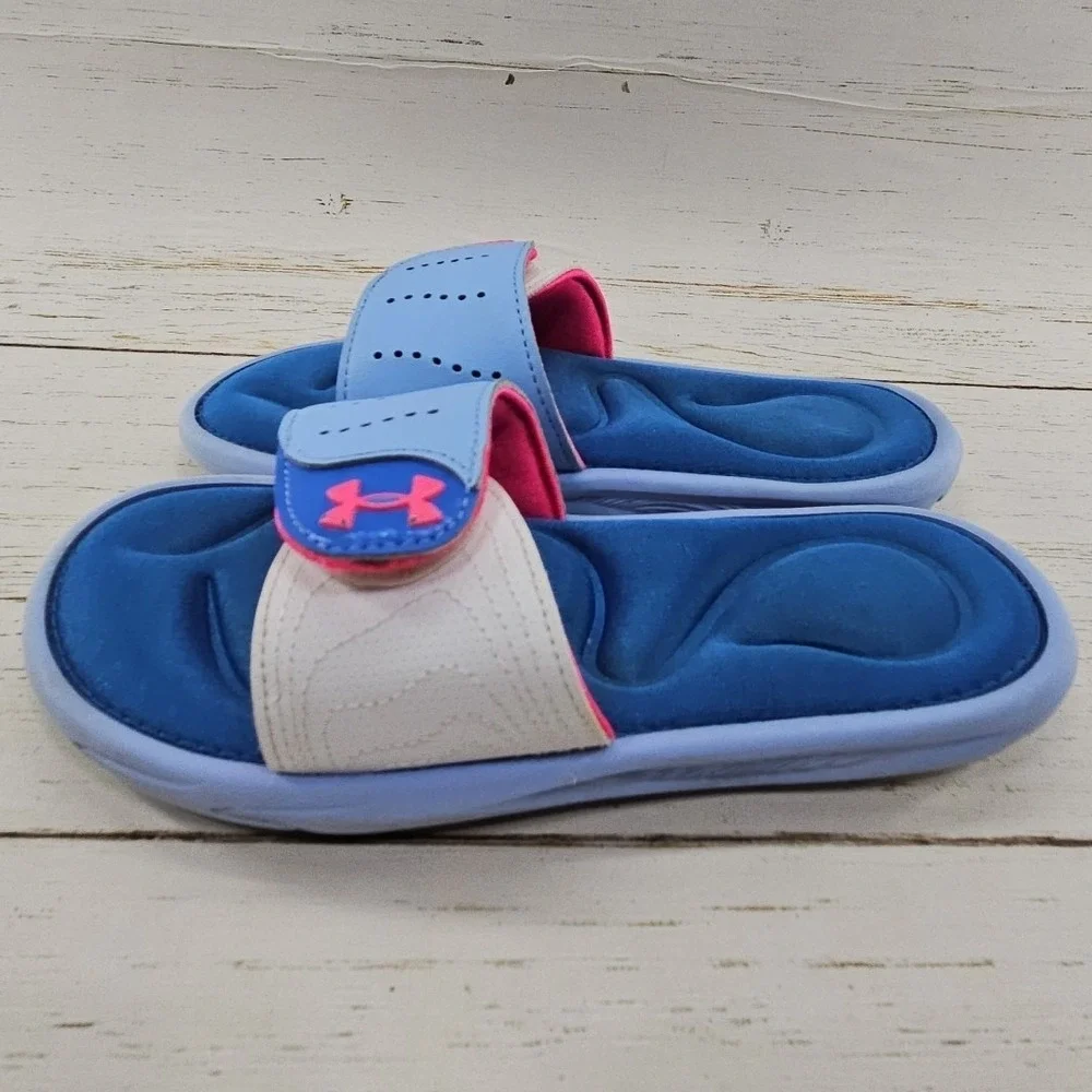 Under Armour Ignite VI Slides Youth Size 2Y Blue Pink‎ Adjustable Strap Sandals